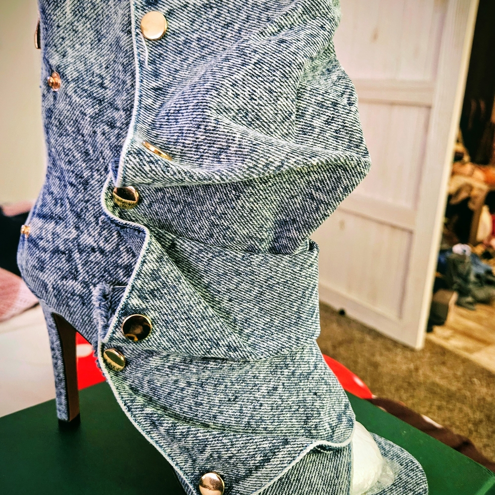 Denim Stiletto Boots with Gold Accents